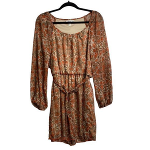 Accidentally In Love Orange‎ Floral Brown Long Sleeve Dress Large Belt Tie